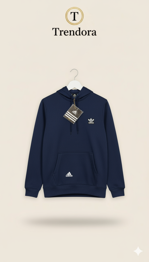 Navy hoodie with Adidas logo on a beige background