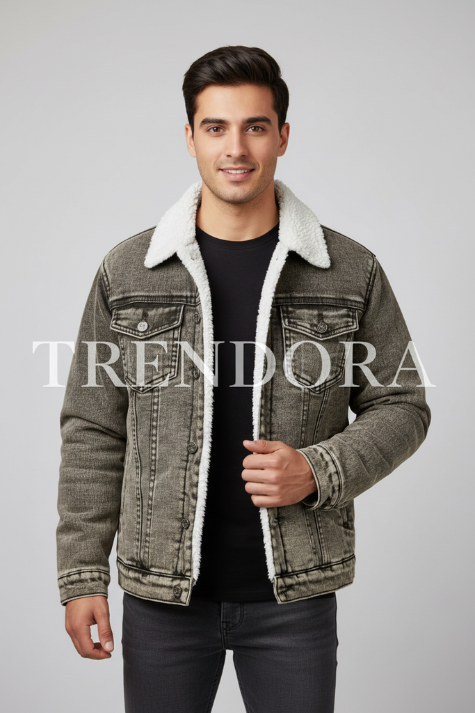 Grey Brown Sherpa Jacket - Model front