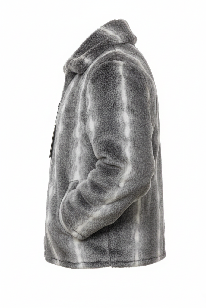 Men's Luxury Grey Faux Fur Jacket - Side View