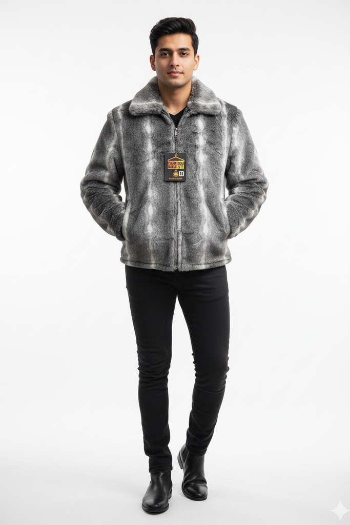 Men's Luxury Grey Faux Fur Jacket - Studio Model Shot