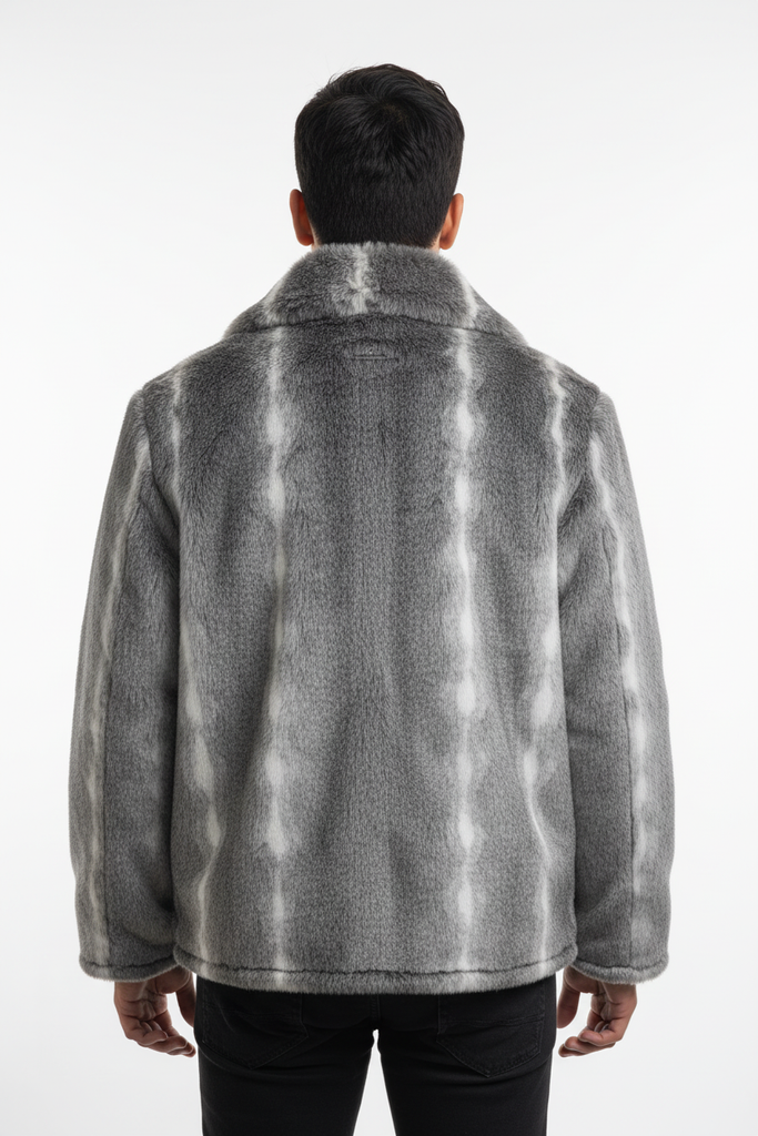 Men's Luxury Grey Faux Fur Jacket - Back View