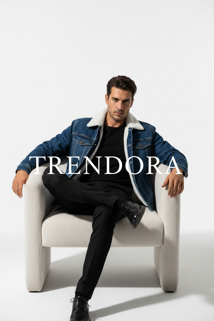 Blue Sherpa Jacket - Model seated