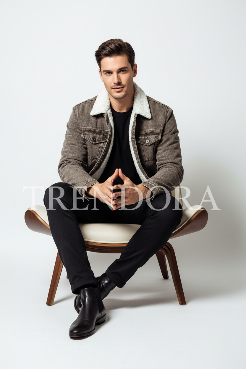 Grey Brown Sherpa Jacket - Model seated