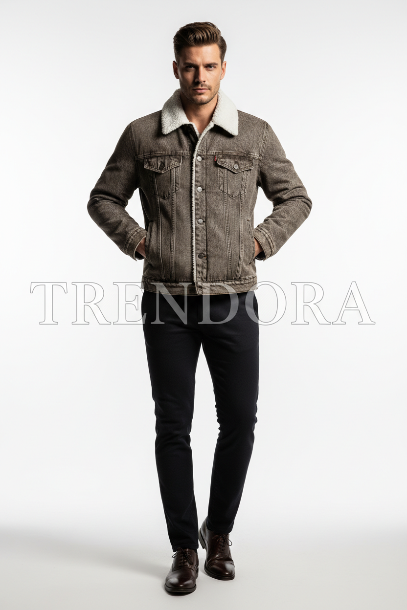Grey Brown Sherpa Jacket - Model standing