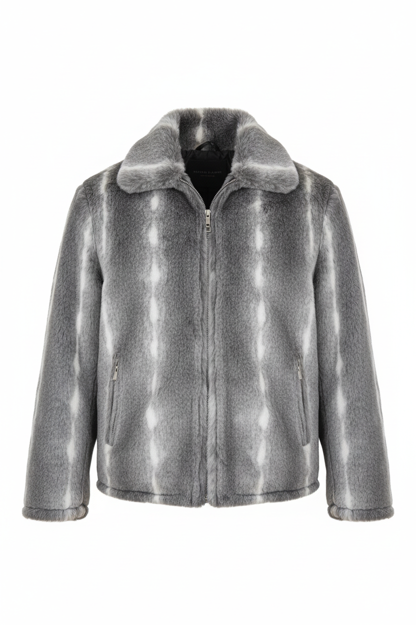 Men's Luxury Grey Faux Fur Jacket - Front View