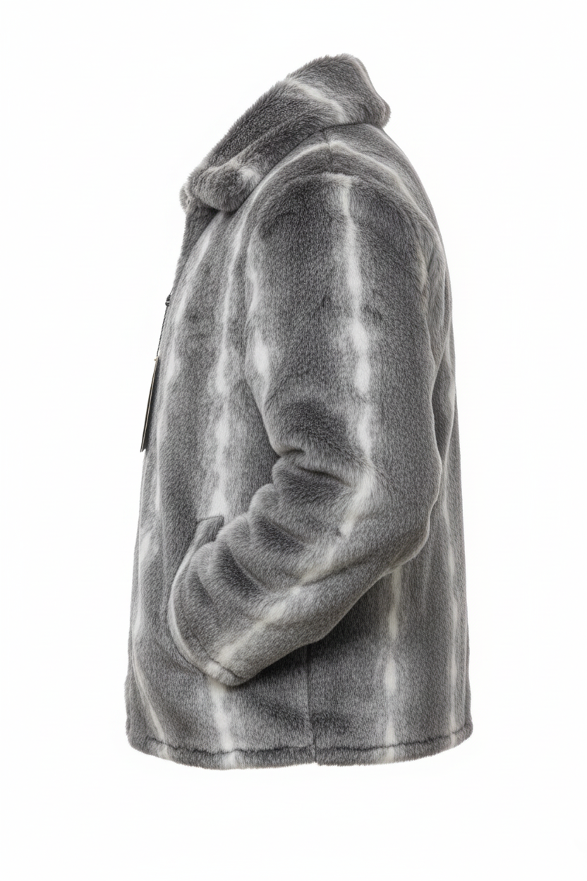 Men's Luxury Grey Faux Fur Jacket - Side View