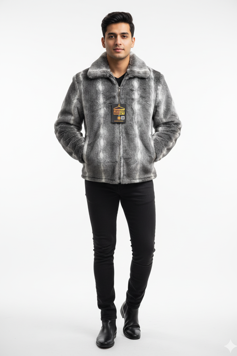 Men's Luxury Grey Faux Fur Jacket - Studio Model Shot
