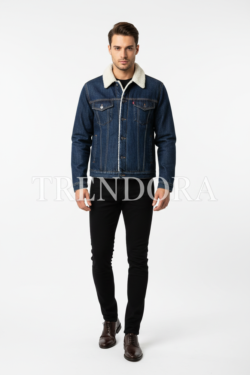 Blue Sherpa Jacket - Model standing