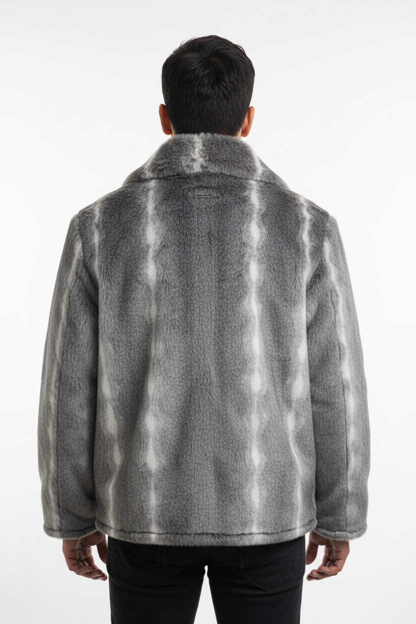 Men's Luxury Grey Faux Fur Jacket - Back View